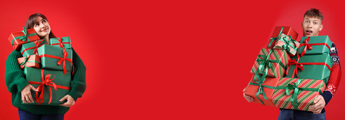 Christmas banner design with happy woman and man holding gift boxes on red background. Space for text