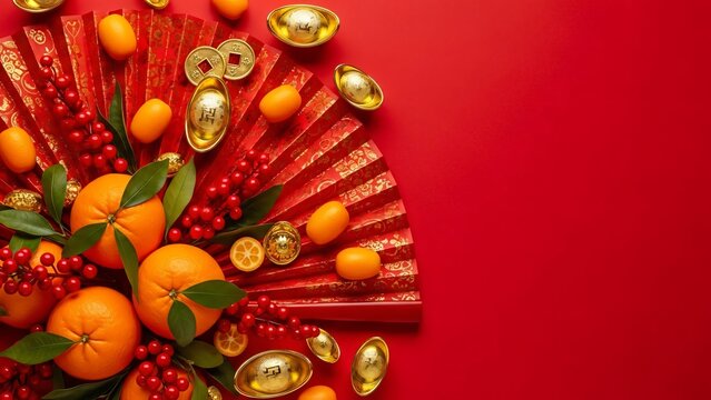 Chinese New Year Decorations Tangerines Gold Ingots Red Envelope Festive Holiday Wealth Symbolism