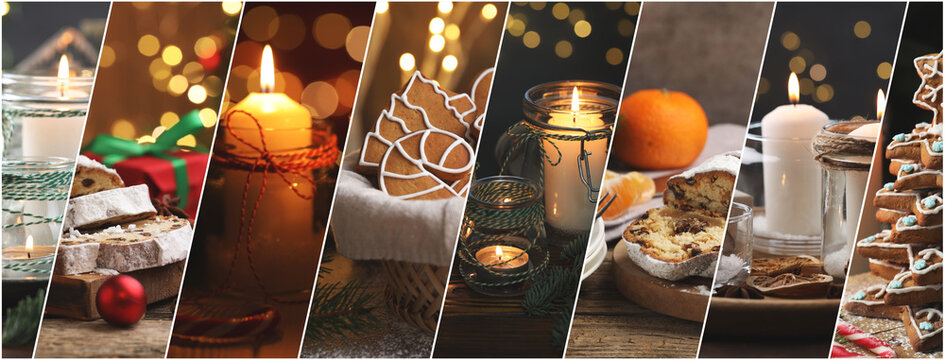 Christmas decor and desserts, collage. Happy winter holidays