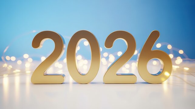 Golden 2026 New Year Countdown Celebration Festive Background with Bokeh Lights and Smooth Reflections on a Shiny Surface Ideal for Greeting Cards and Promotional Material