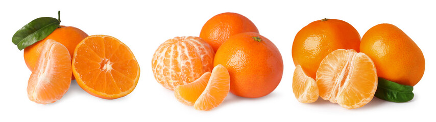 Fresh tangerines isolated on white, set. Citrus fruit