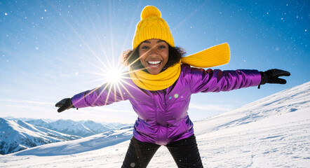 Happy young woman with open arms in snowy mountains. Cheerful female tourist in purple jacket and yellow hat enjoying winter vacation. Sunburst background