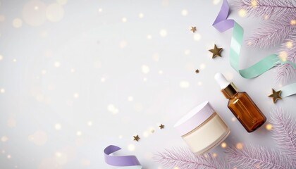 Elegant skincare product display with festive elements for beauty promotions