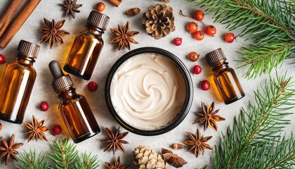 Natural winter skincare products flat lay featuring essential oils and cream concept for holiday