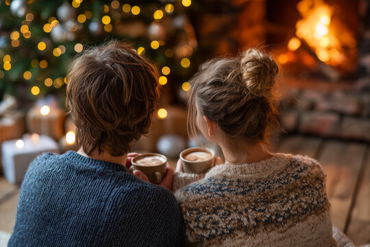 ホットコーヒーを飲むカップルの後ろ姿
