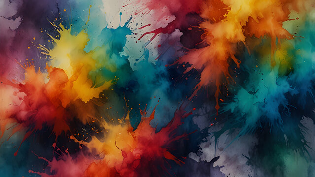Dynamic vibrant watercolor paint splashes are aggressively spreading across the slightly textured abstract canvas surface.