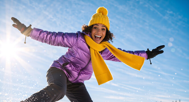 Happy woman having fun outdoors in the snow on a sunny winter day. Joyful young person in colorful warm clothes smiling at the camera against a blue sky. Winter vacation and active lifestyle concept