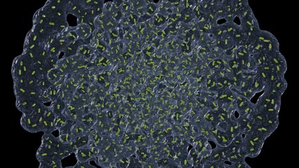 Biofilm formation on flat surface. Buildup of biofilm forming on solid material. 3d render illustration.