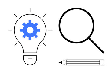 Lightbulb with gear symbol, magnifying glass, and pencil emphasizing creativity, innovation, analysis, research, problem-solving, brainstorming and strategic thinking. Simple flat metaphor