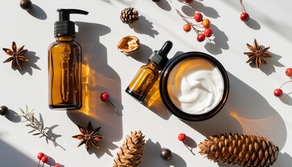 Autumn Skincare Still Life: Amber Bottles, Cream, and Natural Elements Composition