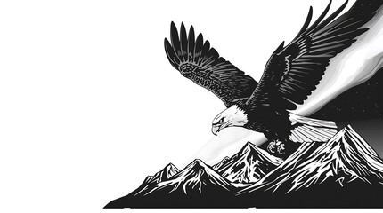 Monochrome eagle soaring above snowy mountain peaks in bold vector illustration on wide panoramic background