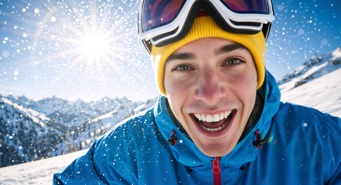 Happy young man taking a selfie in snowy mountains. Winter vacation portrait of a smiling male skier with goggles and yellow beanie. Adventure and lifestyle concept