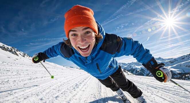 Happy young man skiing on a sunny winter day. Wide angle selfie of a cheerful male skier smiling at the camera on a mountain slope. Winter sport and active lifestyle concept
