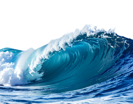 A close-up, dynamic image of a powerful wave cresting in the ocean, showcasing its brilliant blue hues