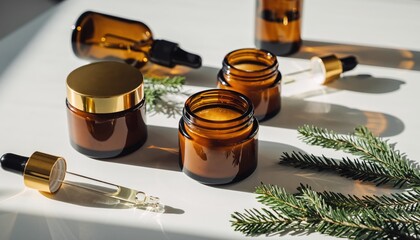 Elegant display of amber glass cosmetic bottles and droppers creating a spa atmosphere