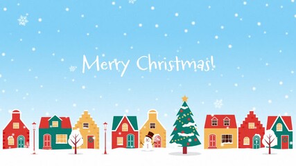 Christmas background with colorful houses and trees in falling snow animation - Powered by Adobe