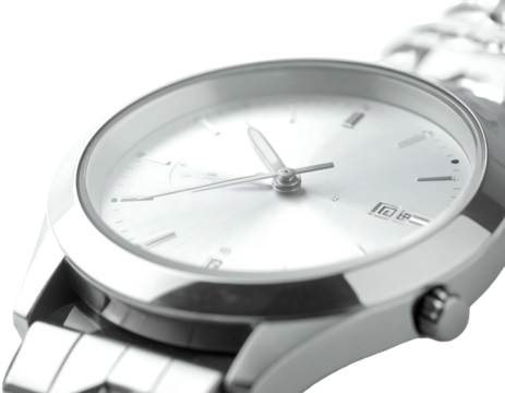 A close-up of a metallic wristwatch with a sleek silver face and hands on a dark background