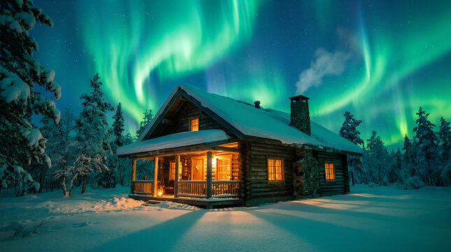 A cozy, snow-dusted cabin bathed in the surreal, ethereal glow of the aurora borealis, a dance of emerald light across the night sky.