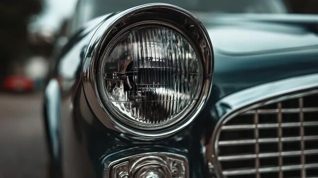 Close Up Of A Vintage Car Headlight With Chrome Trim And Grille Detail