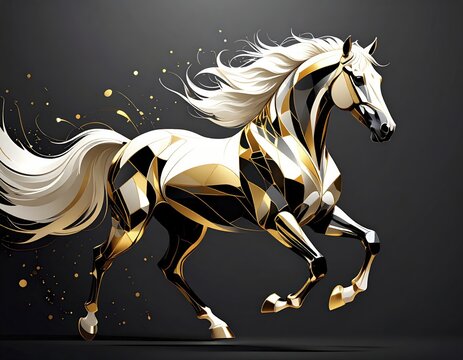 Golden Stallion Galloping on Dark Background with Sparkling Details