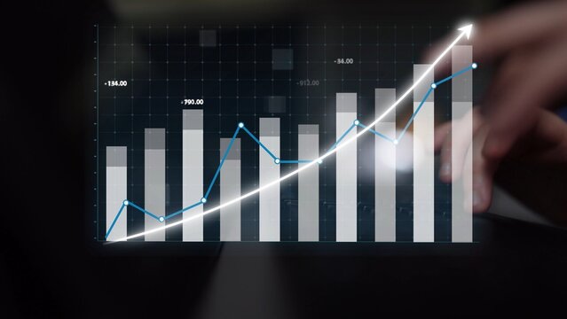This image showcases a growth metrics visualization featuring a line chart superimposed on a bar graph, representing business performance and revenue trends. Copula