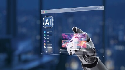 A sleek robotic hand engages with a holographic AI interface, illustrating advanced technology,...