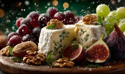 Elegant cheese board featuring blue cheese, red and green grapes, fresh figs, and walnuts on a wooden surface, ready for holiday celebrations