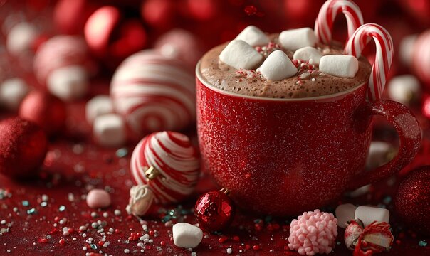 Red mug filled with hot chocolate, marshmallows, and candy canes, surrounded by festive ornaments and sprinkles - Powered by Adobe