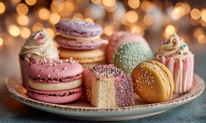 Festive plate displaying a variety of sweet desserts including macarons, cupcakes, and pastries, on a bokeh holiday background