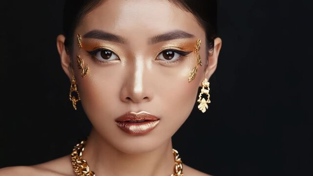Generative AI. Asian woman with striking makeup featuring gold accents and intricate jewelry, showcasing beauty and elegance in a dramatic portrait against a dark background