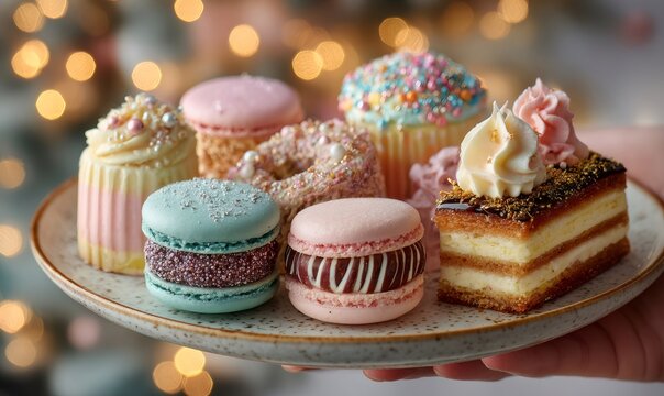 Hand holding serving plate with an assortment of sweet pastries, including macarons, cakes, and cupcakes, celebrating festive occasions with bokeh lights - Powered by Adobe