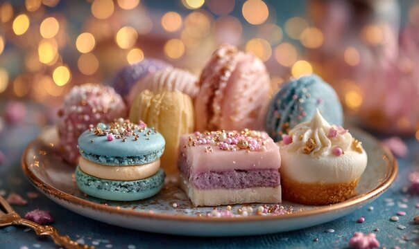 Assortment of sweet pastel desserts, including macarons and small cakes, on a plate, surrounded by festive bokeh lights - Powered by Adobe