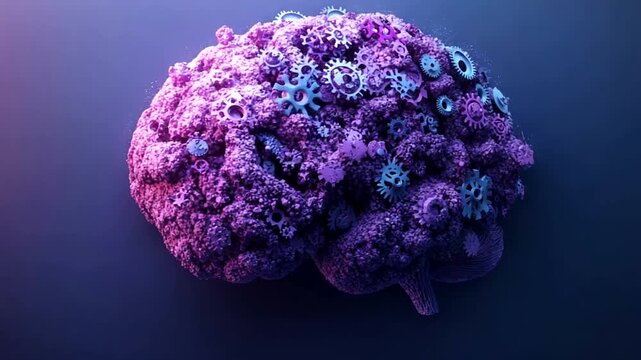Abstract brain with gears and cogs in purple hues