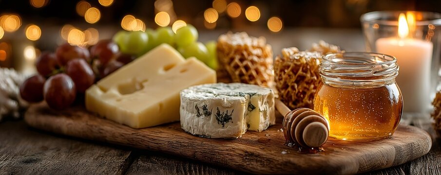 Appetizer board featuring various cheeses, red and green grapes, honeycomb, and a jar of honey, illuminated by soft bokeh lights