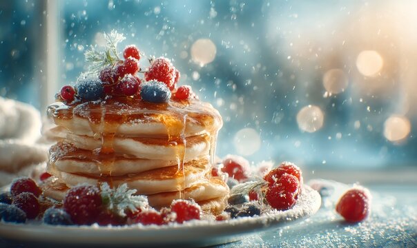Pancakes with fresh berries and maple syrup, creating a cozy and delicious breakfast scene during a snowy winter morning