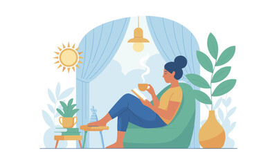 Fototapeta premium Relaxing indoor scene of a woman enjoying coffee and reading, perfect for cozy lifestyle blogs or articles about self-care and mindful living at home