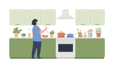 Person cooking a healthy meal in a modern kitchen, preparing food with a whisk, flat design style, ideal for culinary blogs and lifestyle content