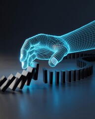 Futuristic digital hand stopping domino effect artificial intelligence control concept with glowing hologram technology on dark background