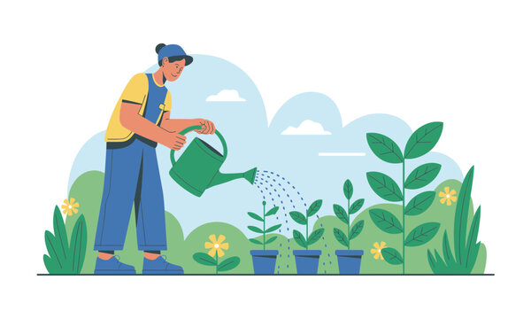 Man tending to his vibrant garden, nurturing new life and growth, enjoying the simple pleasures of nature in a peaceful, sustainable lifestyle concept