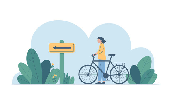 Serene cycling adventure illustration showing a woman with bicycle and signpost, perfect for promoting eco-friendly travel and healthy lifestyle choices