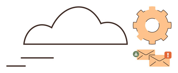 Outline of a cloud, settings gear, and email notifications with user icon and alert. Ideal for cloud computing, backup, collaboration, email services, data sharing updates automation. Minimalist