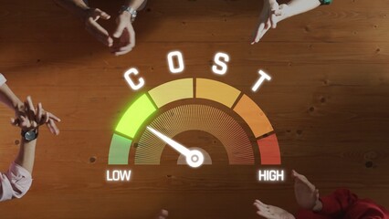 A visual representation of a cost assessment indicator set on a wooden table with hands surrounding it, illustrating a budget evaluation discussion among a team. Raster