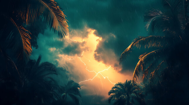 Dramatic tropical thunderstorm with palm silhouettes and lightning strike - Powered by Adobe