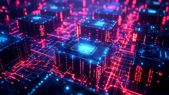 Futuristic digital landscape with glowing circuits and nodes