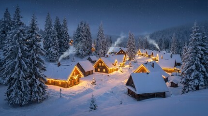 Snow covered village with glowing lights nestled among snow laden pine trees under a starry night sky