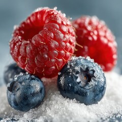 Red raspberry and blueberries on white sugar for healthy eating, natural ingredients, fresh fruit concept, food styling, clean background

