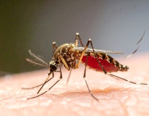 Close-up of aedes mosquito feeding on human skin showcasing infectious diseases