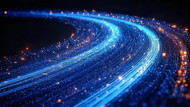 Abstract futuristic data flow background featuring curving blue light trails and glowing particles symbolizing high-speed network communication and digital technology.