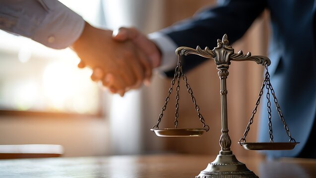 Business Deal Handshake with Scale of Justice Concept of Agreement