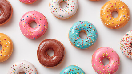 Top view of glazed donuts in different colors, randomly arranged on a plain white background. Glazed in bright pink, white, orange, and light blue.